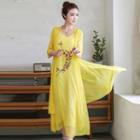 Set: Sleeveless Embroidered Midi A-line Chiffon Dress + Light Jacket