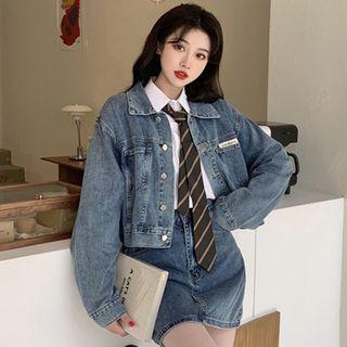 Denim Jacket / Denim A-line Skirt / Neck Tie Shirt