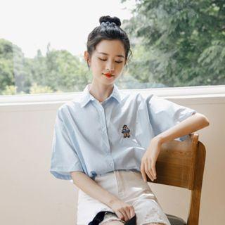Cartoon Bear Embroidered Short-sleeve Shirt