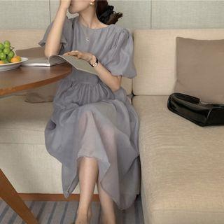 Short-sleeve Plain Midi A-line Dress Gray - One Size