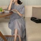 Short-sleeve Plain Midi A-line Dress Gray - One Size