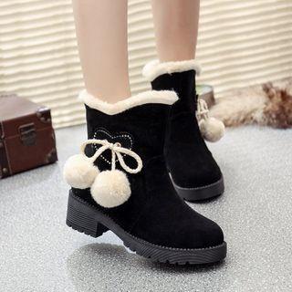 Pom Pom Block-heel Short Snow Boots