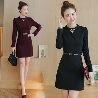 Keyhole Neck Long-sleeve Dress
