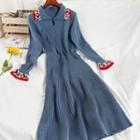 Bell-sleeve Collared Knit Midi A-line Dress Blue - One Size