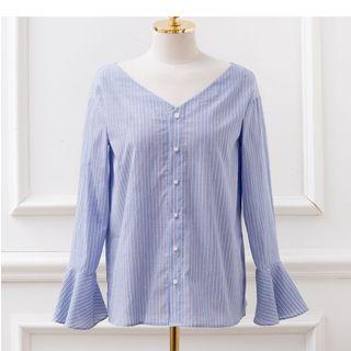 Pinstriped V-neck Long Sleeve Shirt