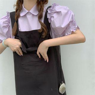 Ruffle Trim Puff-sleeve Blouse / Mini A-line Pinafore Dress