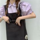 Ruffle Trim Puff-sleeve Blouse / Mini A-line Pinafore Dress