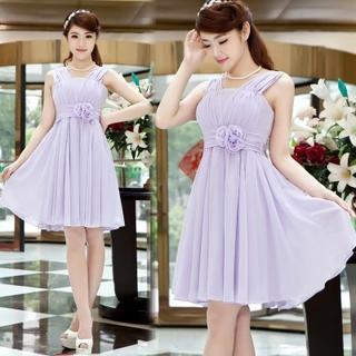 Sleeveless Rosette-accent Pleated Cocktail Dress