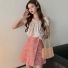 Floral Puff-sleeve Cropped Blouse / Plaid Mini A-line Skirt