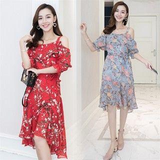 Off-shoulder Floral Ruffle Chiffon Dress