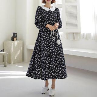 Scallop-collar Floral Long Dress