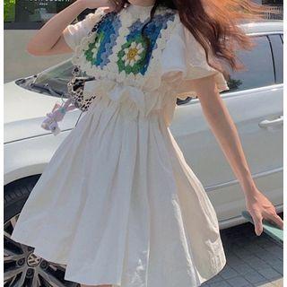 Short-sleeve Plain Ruffled Trim Dress / Flower Printed Knit Vest