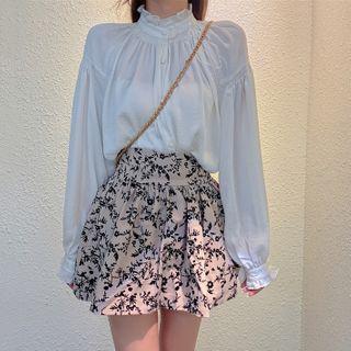 Puff-sleeve Blouse / Floral Print A-line Skirt