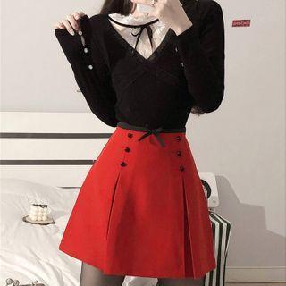 Mock Two-piece Lace Blouse / Double Breasted Mini Skirt