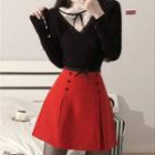 Mock Two-piece Lace Blouse / Double Breasted Mini Skirt
