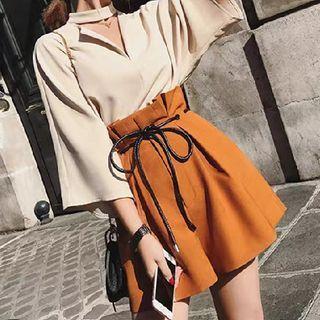 Set: Elbow-sleeve Cutout Blouse + Paperbag-waist Wide Leg Shorts