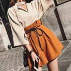 Set: Elbow-sleeve Cutout Blouse + Paperbag-waist Wide Leg Shorts