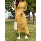 Shirred-front Drawstring-sleeve Maxi Floral Dress One Size