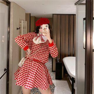 Set: Long-sleeve Plaid Top / Plaid Mini Skirt / Scarf