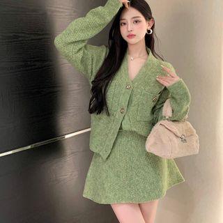 V-neck Cardigan / Knit Mini A-line Skirt