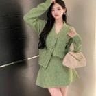 V-neck Cardigan / Knit Mini A-line Skirt