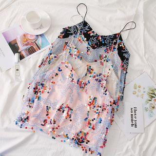 Sequined Mesh Sleeveless Top