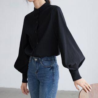 Long-sleeve Stand-collar Plain Blouse