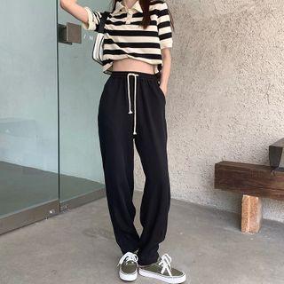 High-waist Drawstring Plain Pants Black - One Size