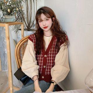 Plaid Single-breasted Knit Vest / Balloon-sleeve Blouse