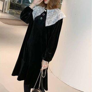 Lace Trim Long-sleeve Velvet A-line Dress