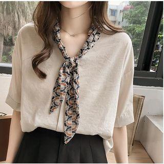 Elbow-sleeve Pattern Paneled Chiffon Top