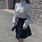Frilled Peter Pan Collar Long-sleeve Blouse / Faux Leather Mini Skirt