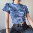 Short Sleeve Tie-dyed Ruffled-trim Cropped Top