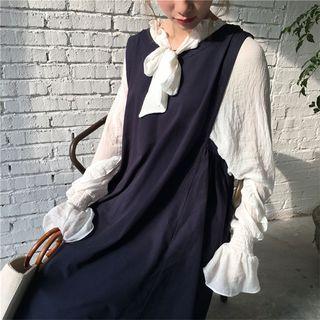 Tie-neck Blouse / Sleeveless A-line Midi Dress