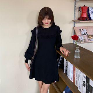 Long-sleeve Knit Frill Trim Mini A-line Dress
