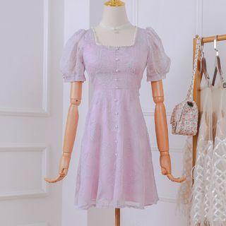 Faux Pearl Puff-sleeve Mini A-line Dress