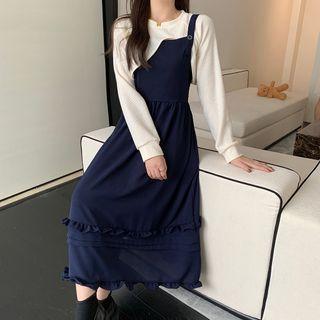 Plain Cropped Sweatshirt / Midi A-line Overall Dress