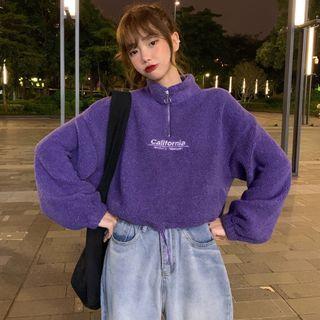 Lettering Half-zip Cropped Fleece Pullover