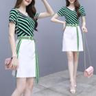 Set: Short-sleeve Striped T-shirt + Frayed Hem Contrast Trim A-line Skirt