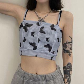 Butterfly Print Cropped Camisole Top Black & Gray - One Size