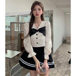 Ribbon-accent Puff-sleeve Crop Blouse / Striped Pleated Mini Skirt