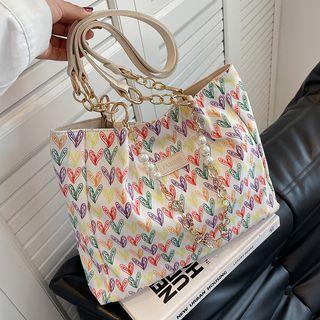 Heart Print Tote Bag Off-white - One Size