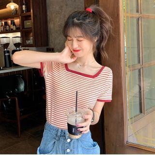 Striped Short-sleeve Slim-fit T-shirt Stripe - Red - One Size