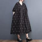Short-sleeve Embroidered Loose-fit Dress Black - One Size