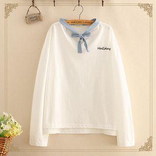 Tie-neck Holiday Embroidered Long-sleeve Thin Sweater