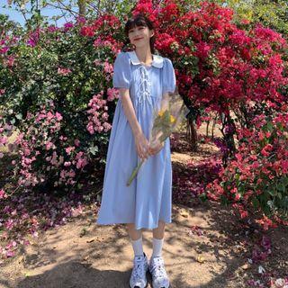 Peter Pan Collar Lace-up Strap Short-sleeve Dress