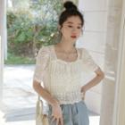Short-sleeve Square-neck Lace Cropped Blouse White - One Size