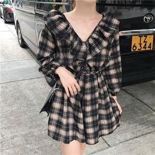 3/4-sleeve Ruffled Plaid Playsuit