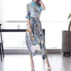 Elbow-sleeve Pattern Printed Tie-waist Midi Dress