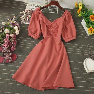 Plain Shirred Puff-sleeve A-line Dress